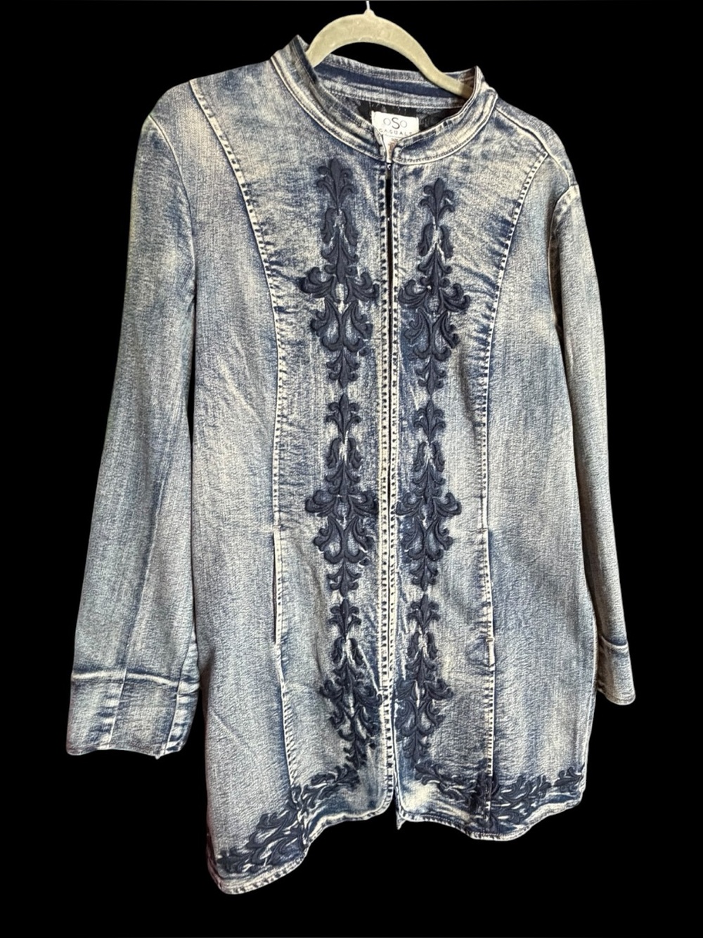 Oso Casuals Y2K Acid Wash Denim Jean Embroidered Duster Jacket Sz L